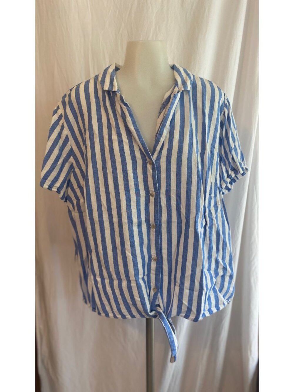 Ava & Viv Blue And White Striped Linen Blend Tie Front Button Up Blouse